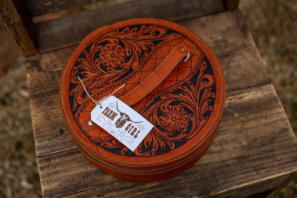 Travelin' Farm Girl Round Tooled Leather Jewelry Case